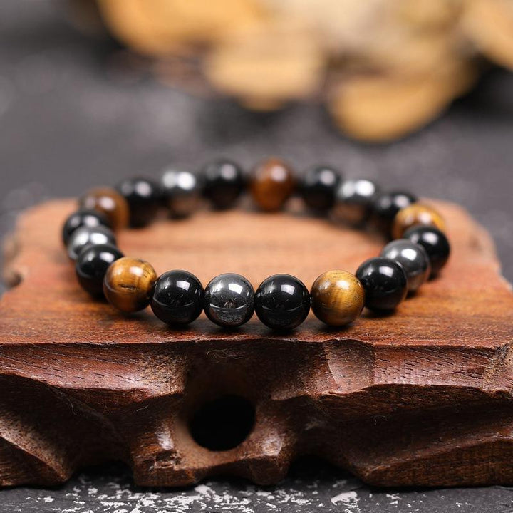 Triple Protection Bracelet – Tiger’s Eye, Obsidian, Hematite for Energy Shielding and Strength
