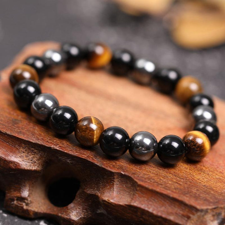 Triple Protection Bracelet – Tiger’s Eye, Obsidian, Hematite for Energy Shielding and Strength