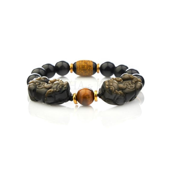 Natural Gold Obsidian Double Pixiu Bracelet – Double the Luck, Double the Wealth