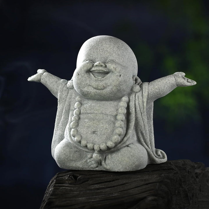 Laughing Buddha Sandstone Statue – Zen Monk Figurine for Wealth, Luck & Serenity