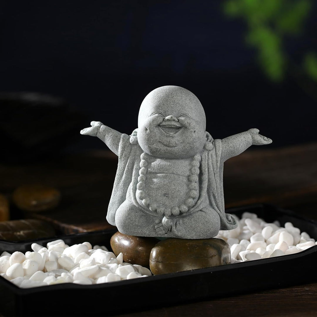 Laughing Buddha Sandstone Statue – Zen Monk Figurine for Wealth, Luck & Serenity