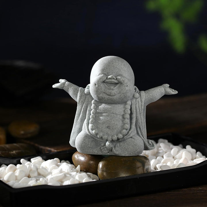 Laughing Buddha Sandstone Statue – Zen Monk Figurine for Wealth, Luck & Serenity
