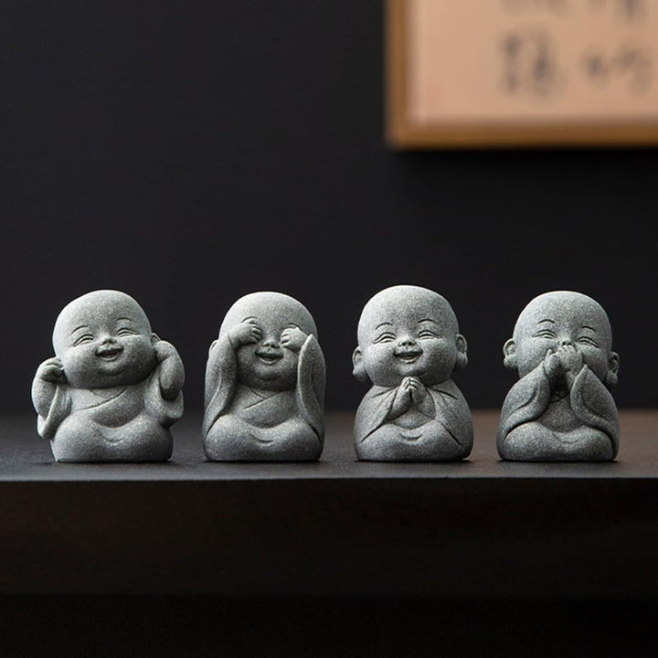 Laughing Buddha Statue Decor - 4Pcs Small Zen Monk for Wealth and Good Luck