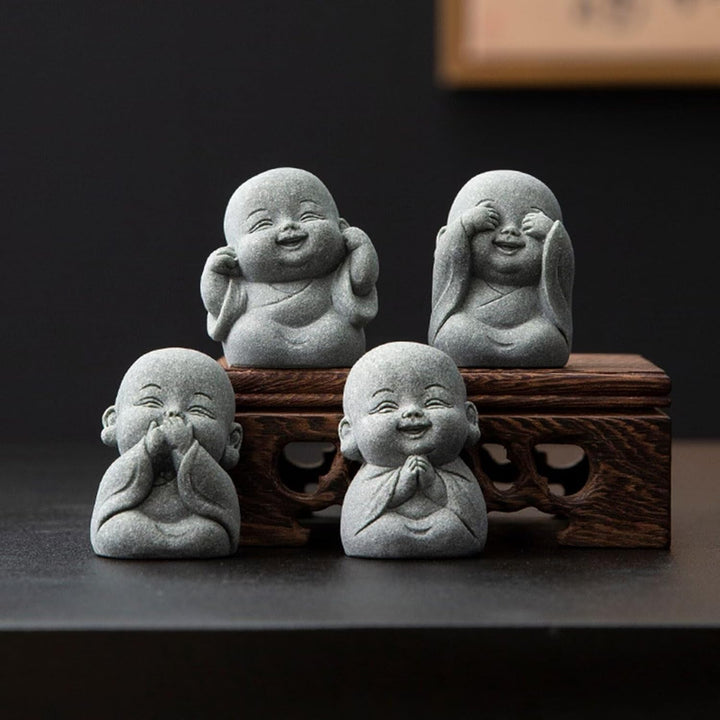 Laughing Buddha Statue Decor - 4Pcs Small Zen Monk for Wealth and Good Luck