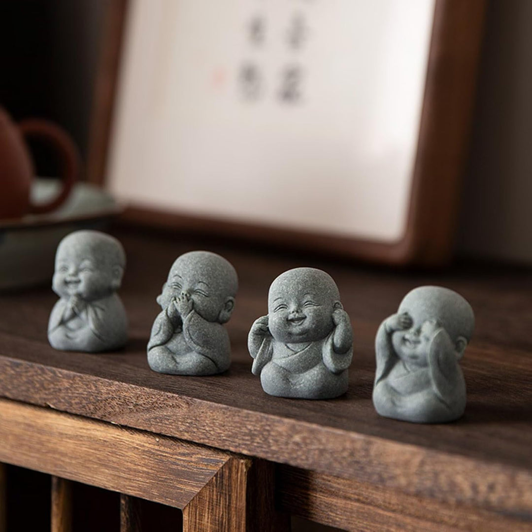 Laughing Buddha Statue Decor - 4Pcs Small Zen Monk for Wealth and Good Luck