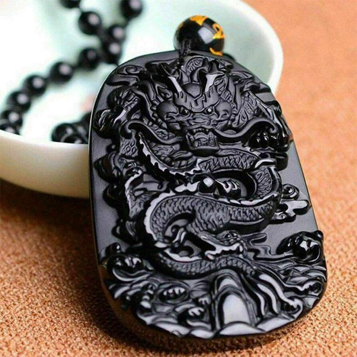 Natural Black Obsidian Dragon Necklace – Protection, Luck & Success