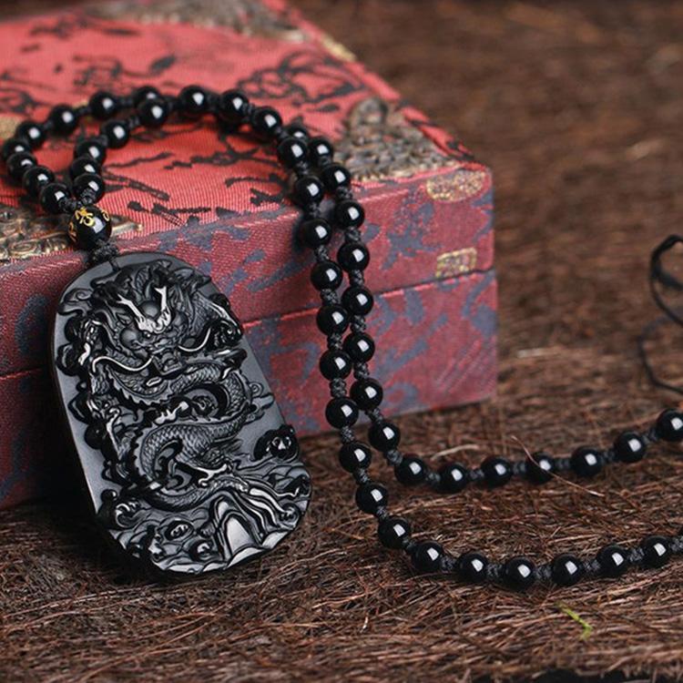 Natural Black Obsidian Dragon Necklace – Protection, Luck & Success