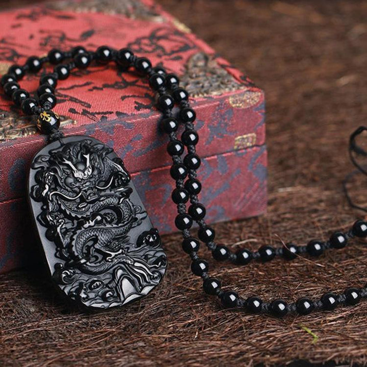 Natural Black Obsidian Dragon Necklace – Protection, Luck & Success