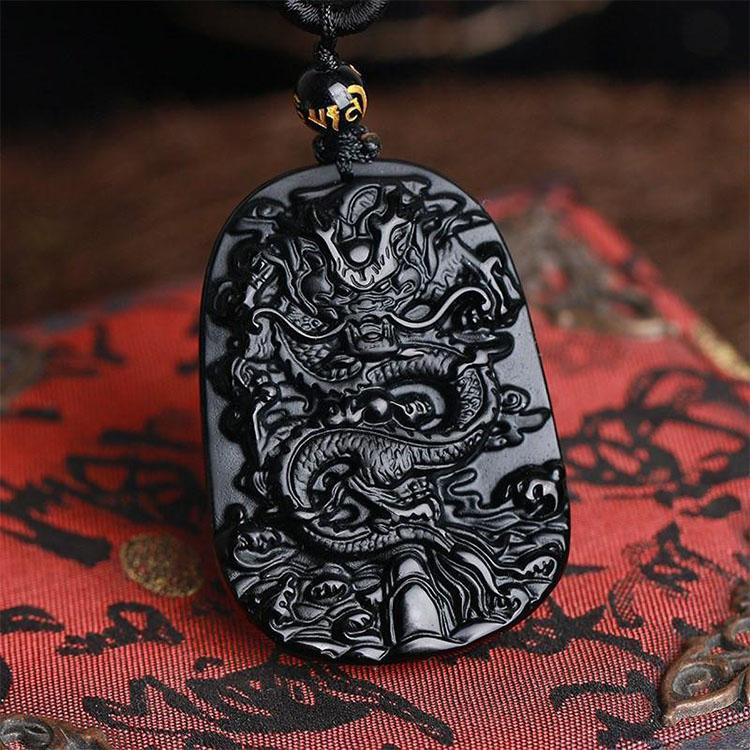 Natural Black Obsidian Dragon Necklace – Protection, Luck & Success