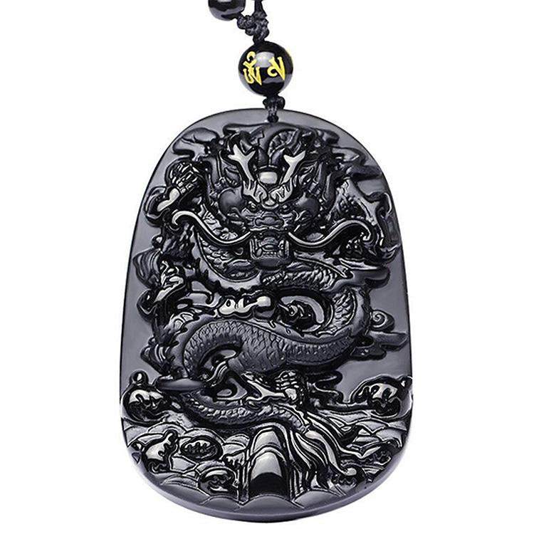 Natural Black Obsidian Dragon Necklace – Protection, Luck & Success