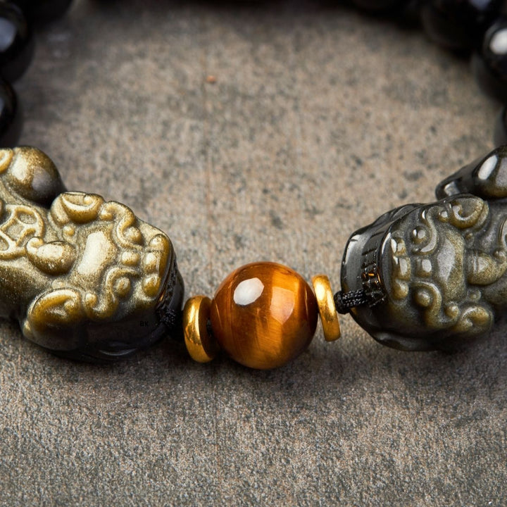 Natural Gold Obsidian Double Pixiu Bracelet – Double the Luck, Double the Wealth