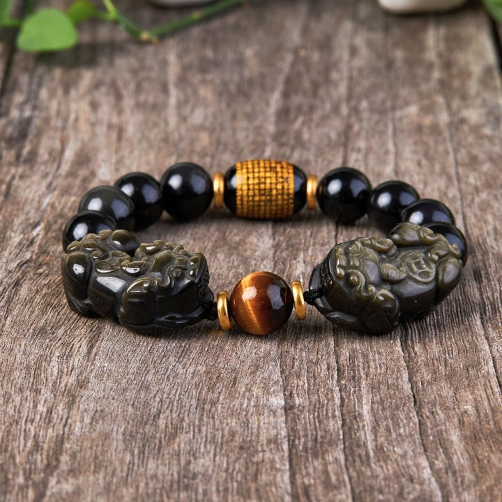 Natural Gold Obsidian Double Pixiu Bracelet – Double the Luck, Double the Wealth