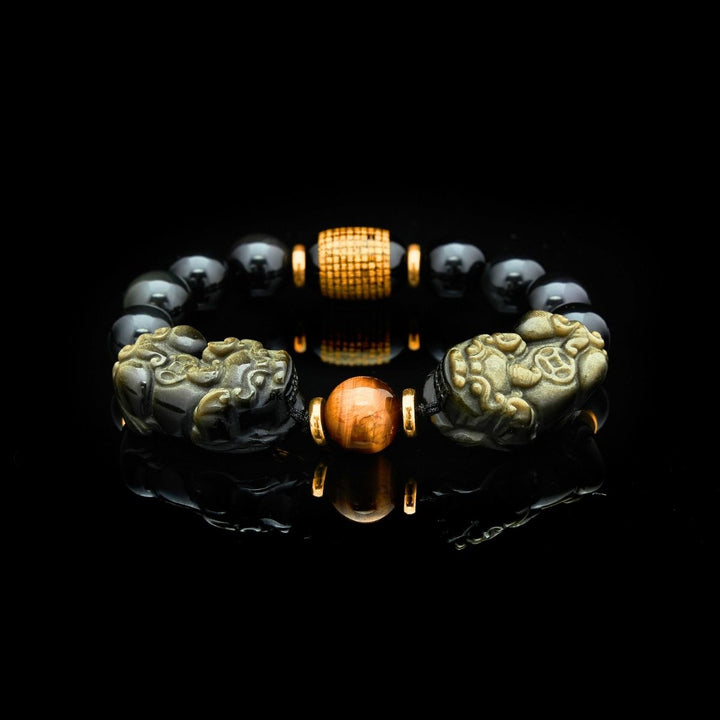 Natural Gold Obsidian Double Pixiu Bracelet – Double the Luck, Double the Wealth