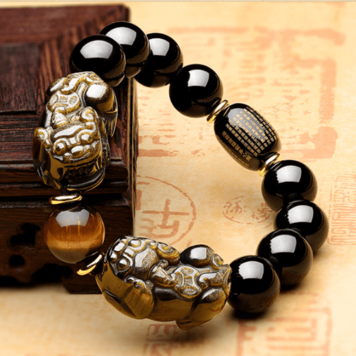 Natural Gold Obsidian Double Pixiu Bracelet – Double the Luck, Double the Wealth