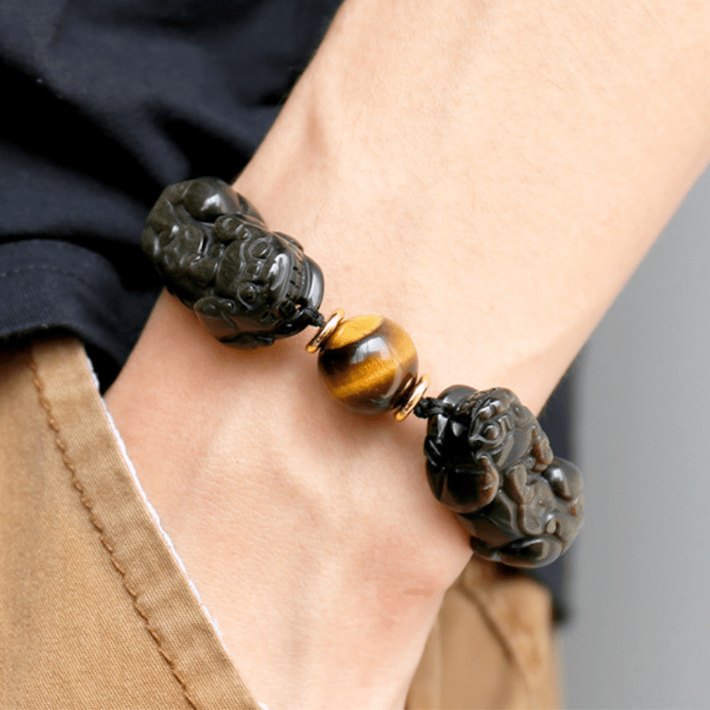 Natural Gold Obsidian Double Pixiu Bracelet – Double the Luck, Double the Wealth