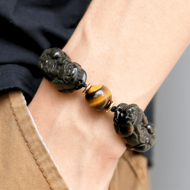 Natural Gold Obsidian Double Pixiu Bracelet – Double the Luck, Double the Wealth
