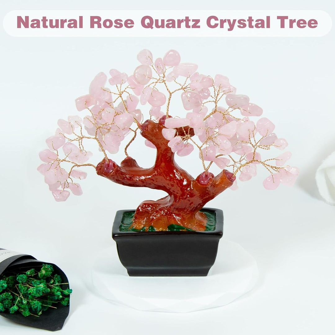 Natural Rose Pink Quartz Crystal Money Tree – Wealth and Luck Bonsai Style Decoration