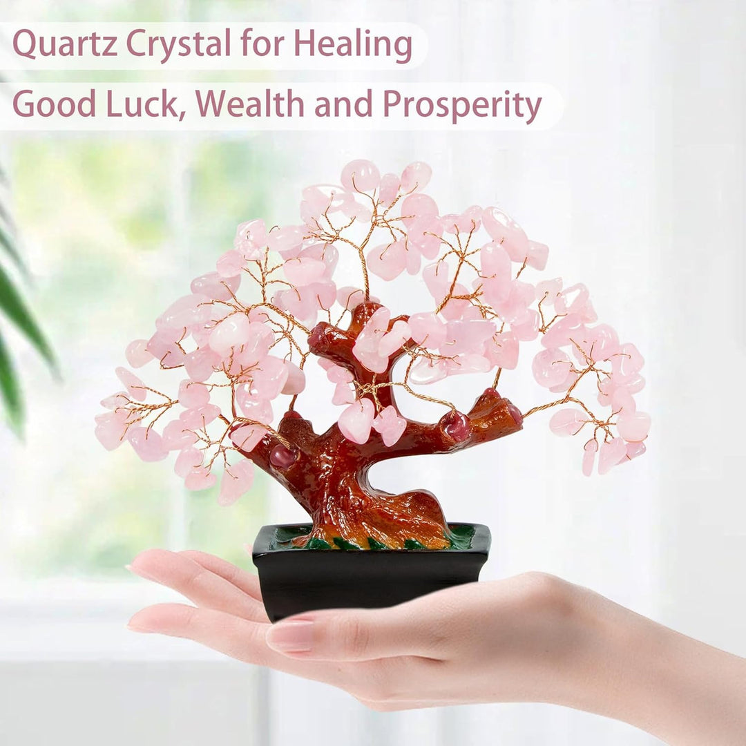 Natural Rose Pink Quartz Crystal Money Tree – Wealth and Luck Bonsai Style Decoration