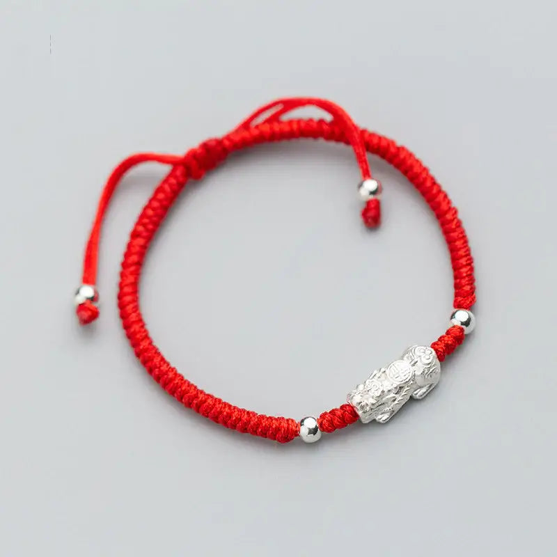 Red String Silver Pixiu Bracelet – Attract Windfall Luck & Open Wealth Paths