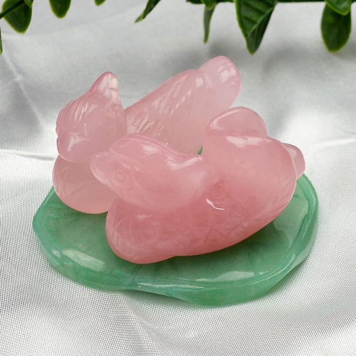 Rose Quartz Mandarin Ducks on Jade Lotus Leaf – For Love, Romance & Harmony