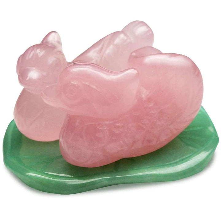 Rose Quartz Mandarin Ducks on Jade Lotus Leaf – For Love, Romance & Harmony