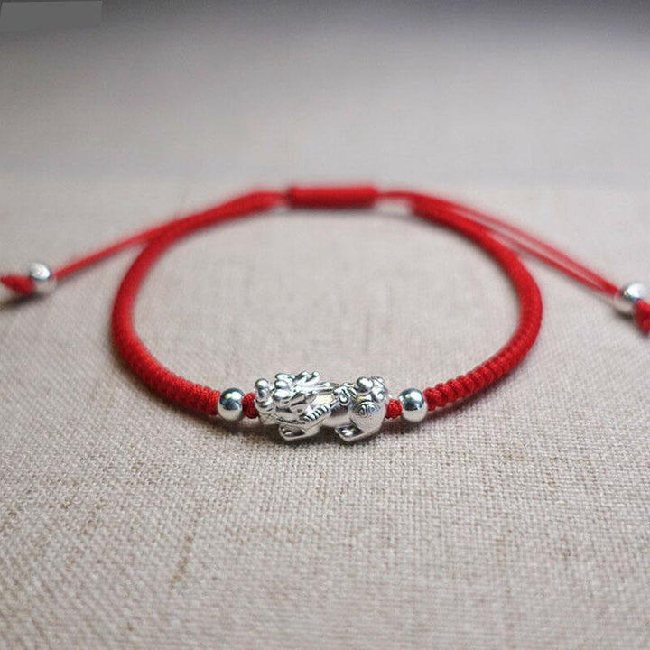 Red String Silver Pixiu Bracelet – Attract Windfall Luck & Open Wealth Paths