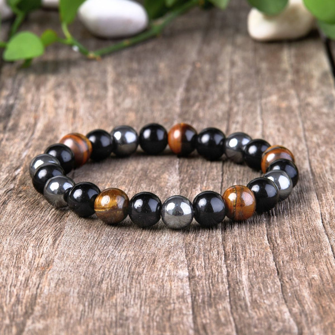 Triple Protection Bracelet – Tiger’s Eye, Obsidian, Hematite for Energy Shielding and Strength