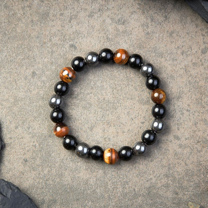 Triple Protection Bracelet – Tiger’s Eye, Obsidian, Hematite for Energy Shielding and Strength