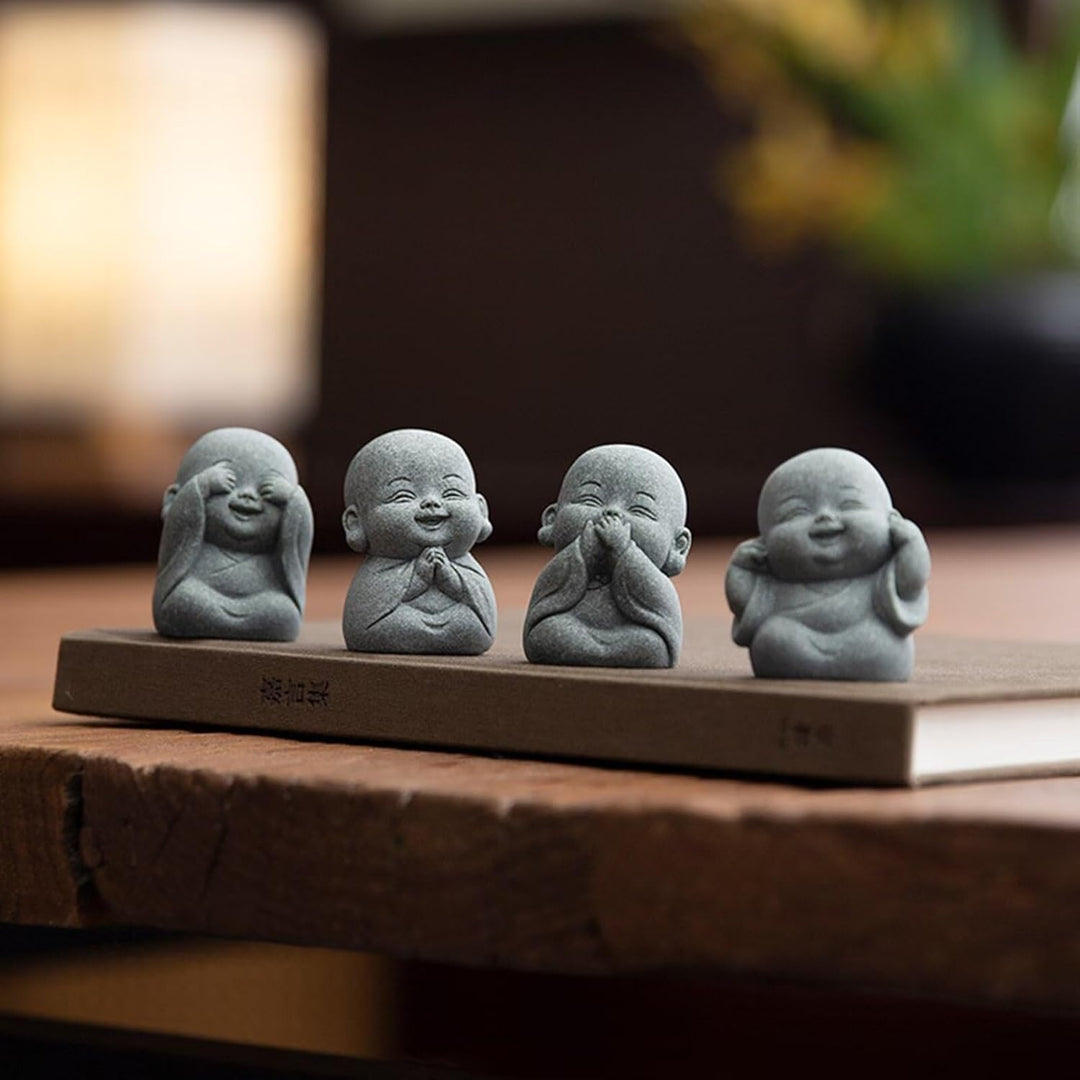 Laughing Buddha Statue Decor - 4Pcs Small Zen Monk for Wealth and Good Luck
