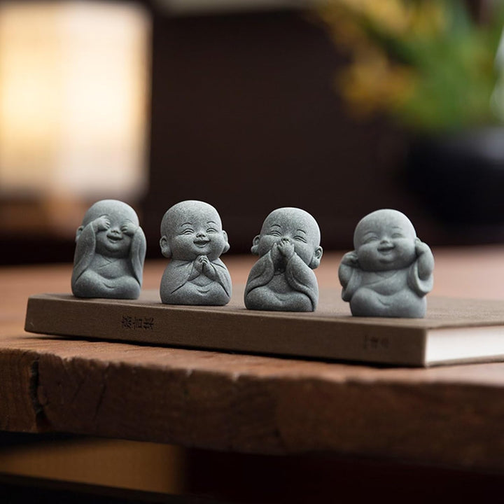 Laughing Buddha Statue Decor - 4Pcs Small Zen Monk for Wealth and Good Luck