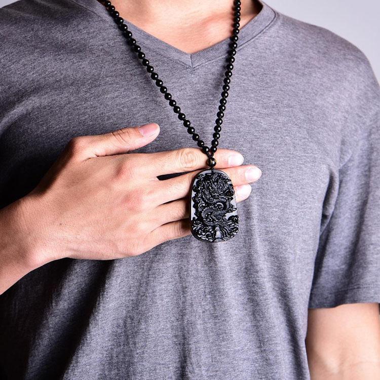 Natural Black Obsidian Dragon Necklace – Protection, Luck & Success