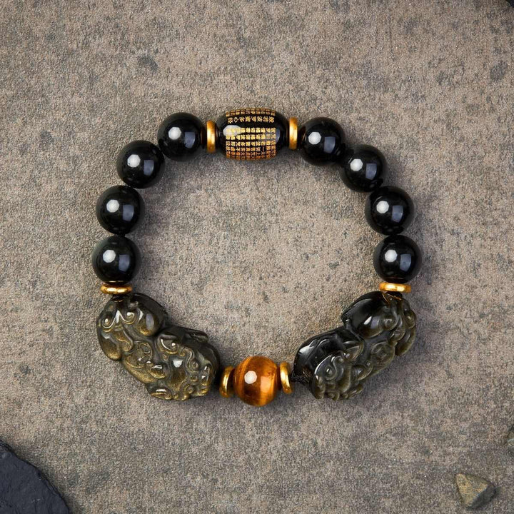 Natural Gold Obsidian Double Pixiu Bracelet – Double the Luck, Double the Wealth